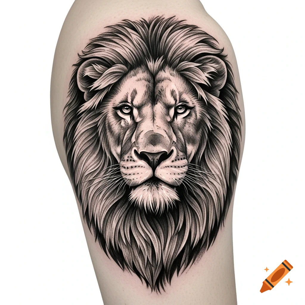 Detailed black and white tattoo of a calm lion's head with an intricate mane, positioned on a bicep.