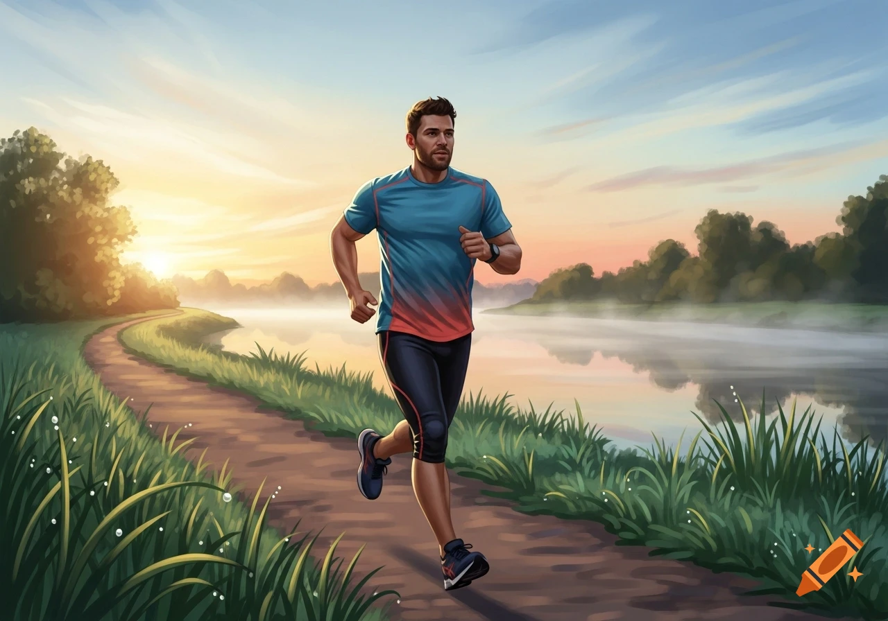 A man jogs on a dirt path next to a misty river at sunrise, surrounded by trees and grass, in a digital painting style.