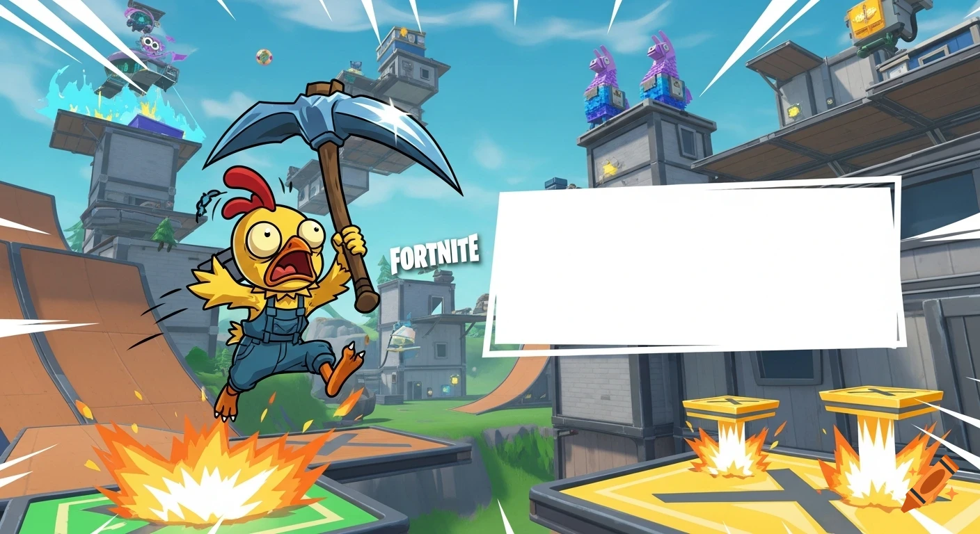 Cartoon chicken-human hybrid with a pickaxe jumps over an explosion in a chaotic Fortnite map with buildings and llamas, with a blank white box for a profile picture.