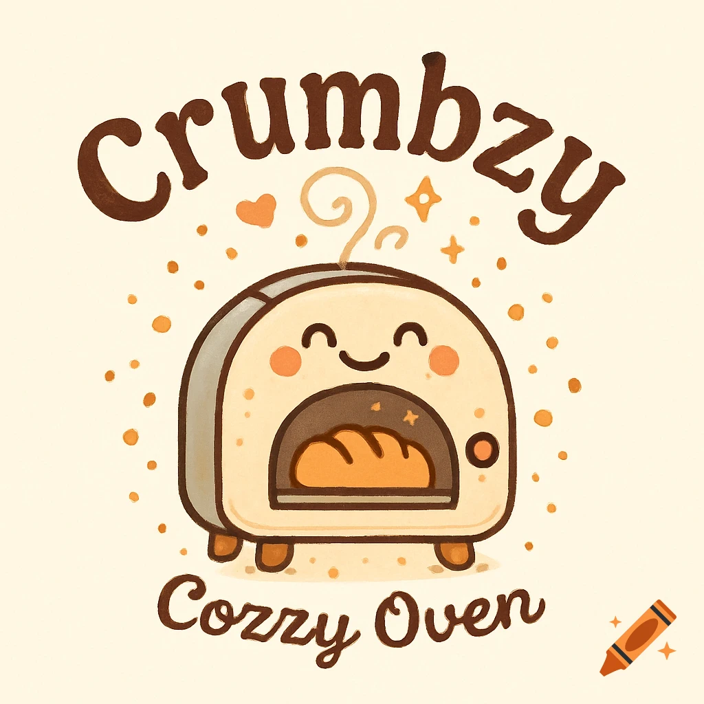 A whimsical, hand-drawn logo features a smiling, round oven baking bread, with text "Crumbzy Cozzy Oven" and scattered crumbs and sparkles.