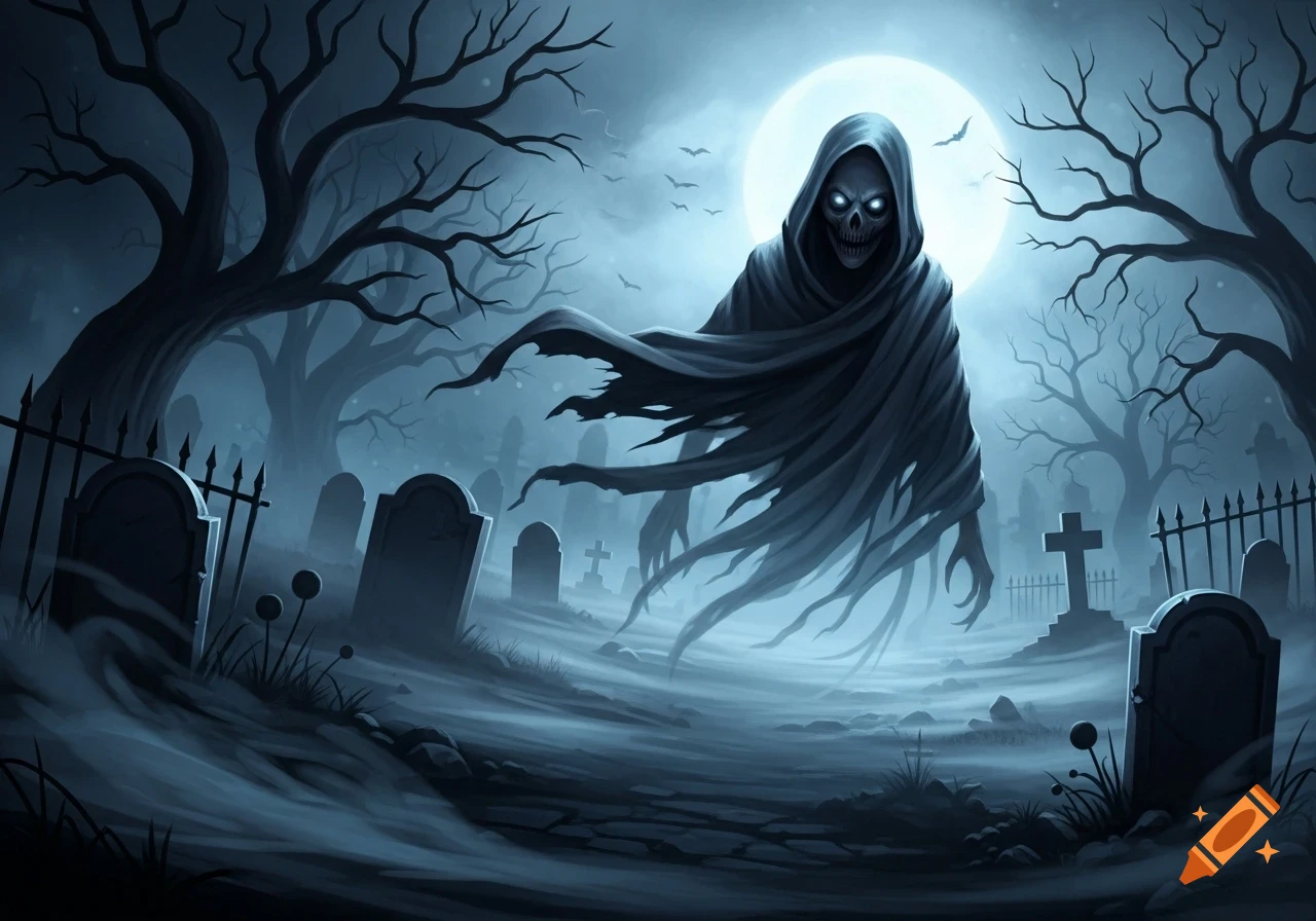 A spooky, cloaked ghost with glowing eyes haunts a foggy graveyard under a bright full moon, with bare trees.
