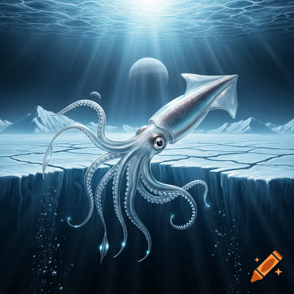 A glowing, translucent squid swims in icy blue water, with icebergs and planets visible above the surface.