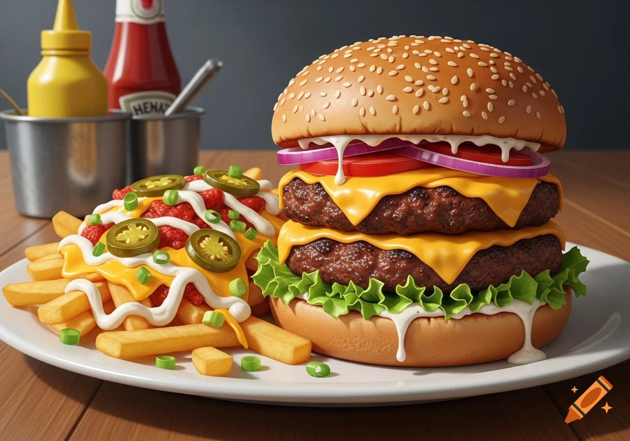 Photorealistic double smash burger with cheese, lettuce, onion, tomato, and sauce, next to loaded chili cheese fries with jalapenos.