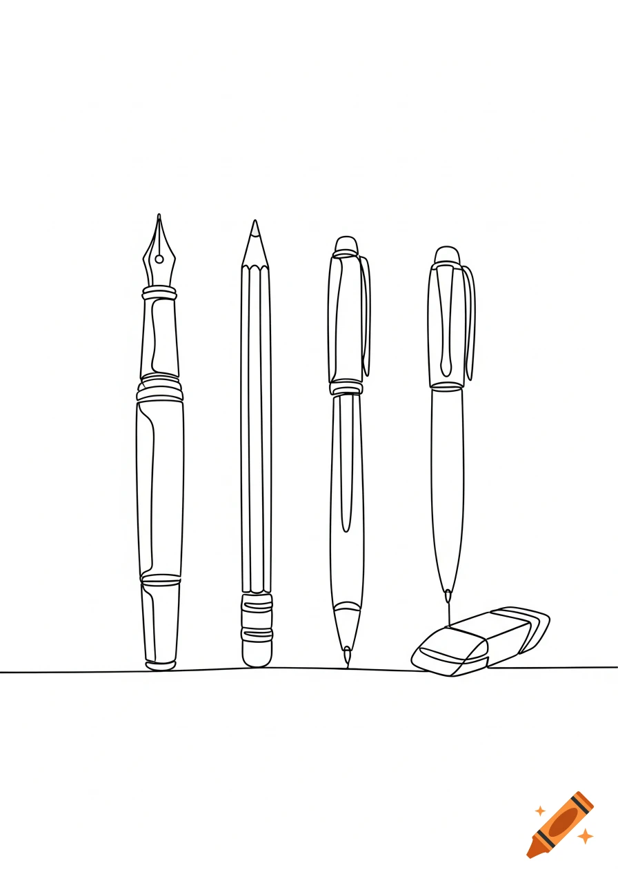 Minimalist one-line drawing of a fountain pen, a pencil, two ballpoint pens, and an eraser.
