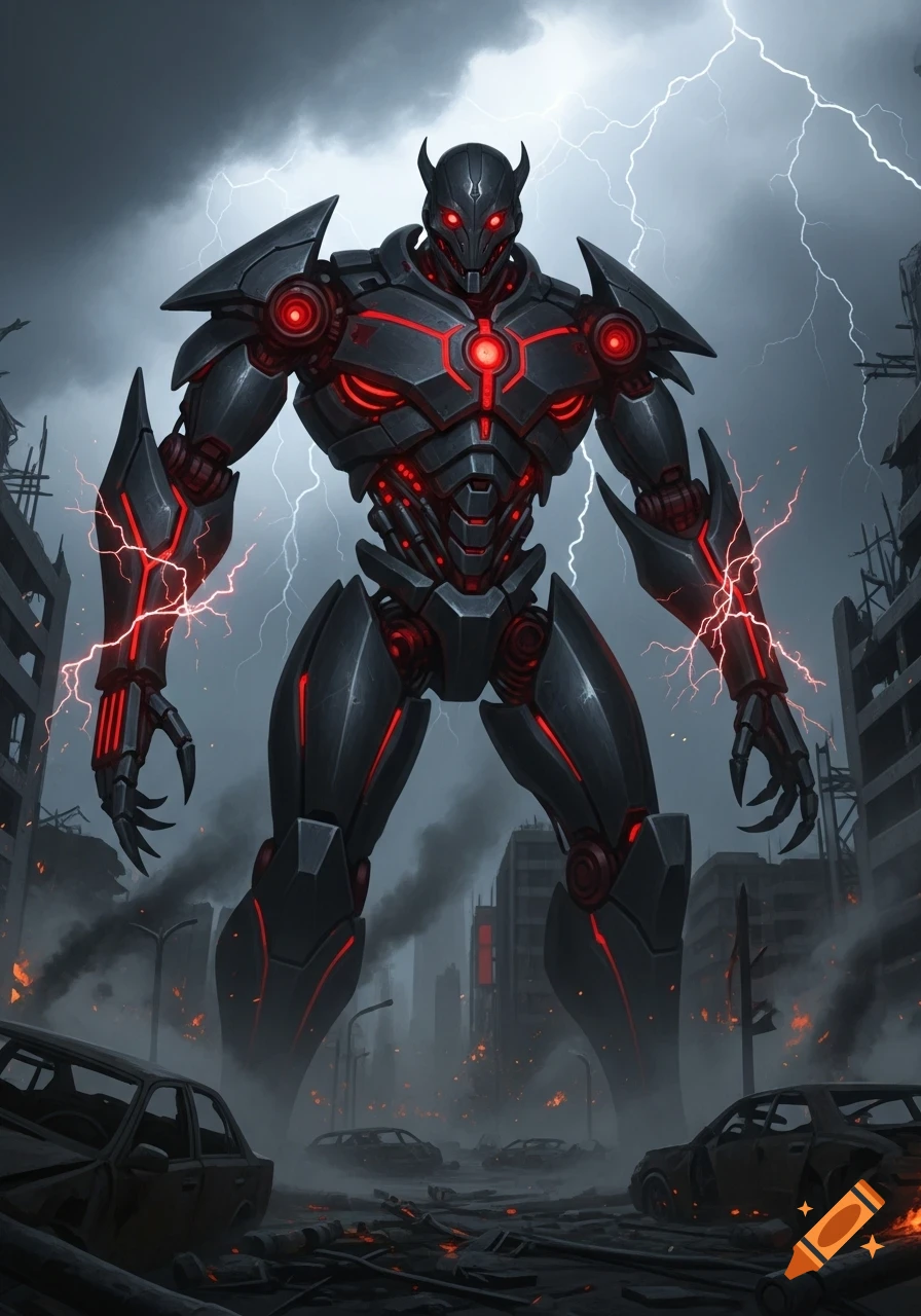 A giant, dark gray robot with glowing red accents and horns stands in a ruined city under a stormy, lightning-filled sky.
