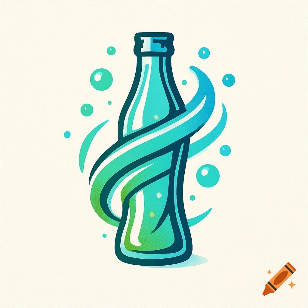 A stylized blue-green bottle with a teal wave design wrapped around it and bubbles floating, on an off-white background.