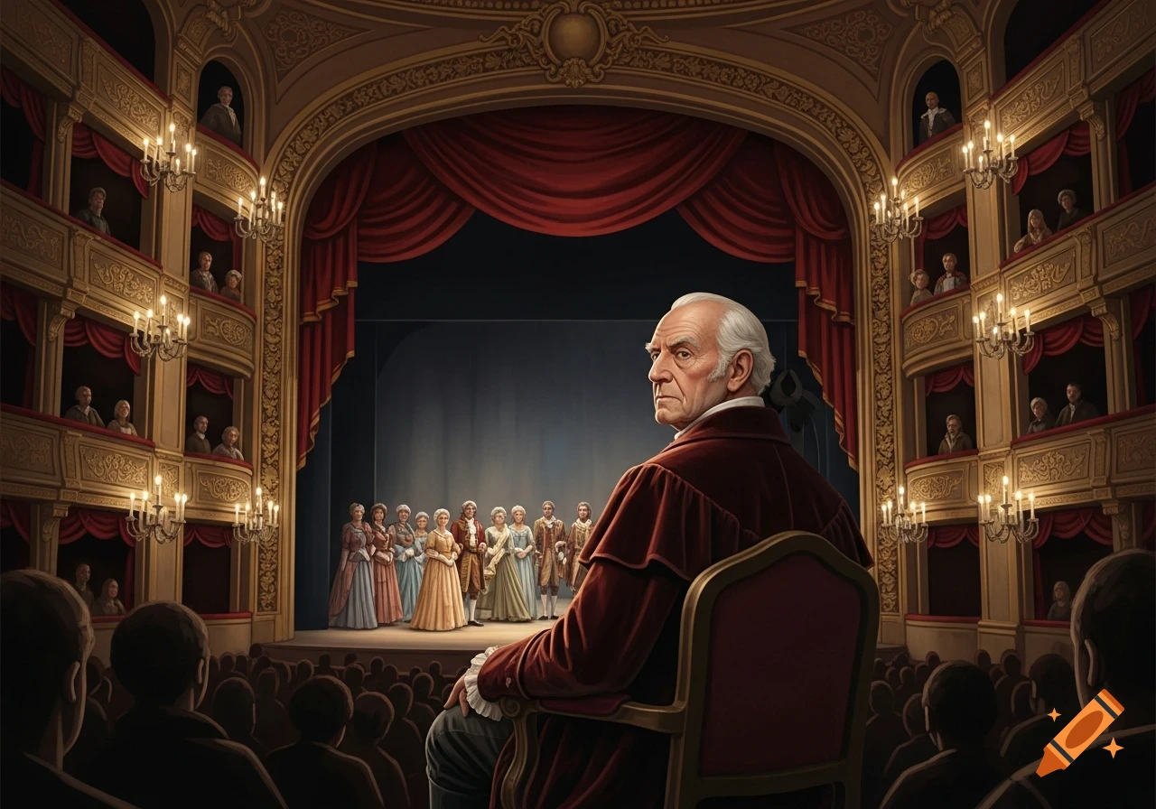 An older man in a red velvet robe watches a performance on stage in a grand, ornate theater, with an audience around him and in private boxes.