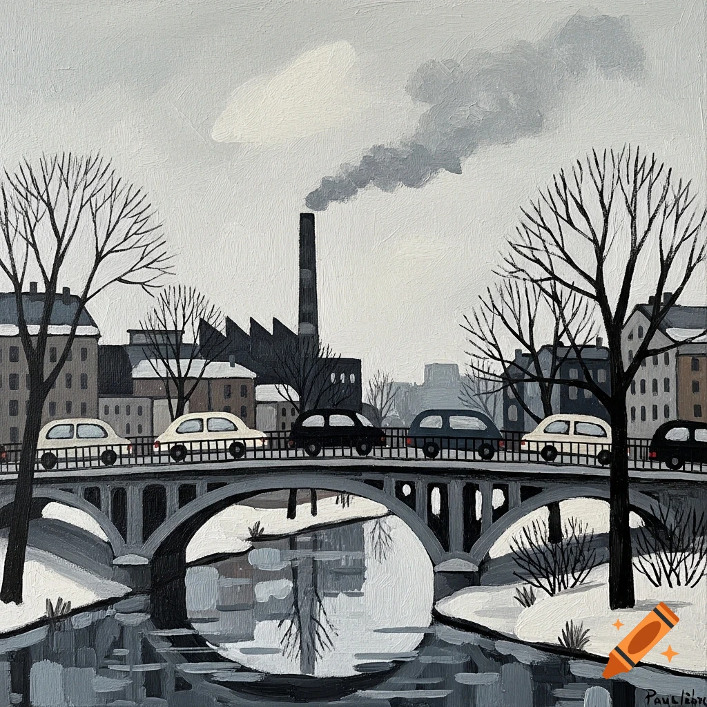 A naive painting depicts a winter urban landscape with a bridge over a river, cars driving across it, a factory with a smokestack emitting smoke, and bare trees.