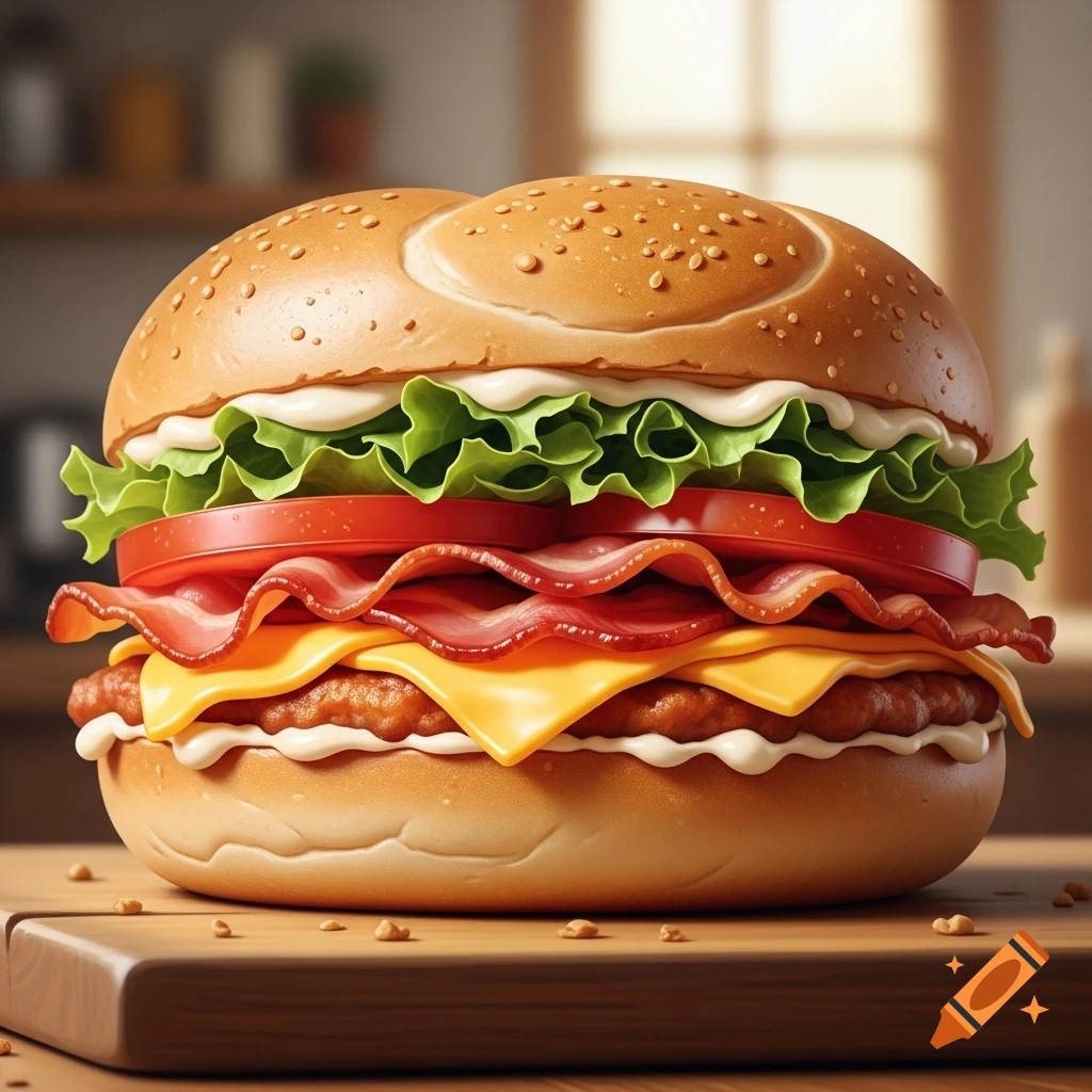 A close-up, photorealistic sandwich on a bun with lettuce, tomato, bacon, cheese, and mayo on a wooden board.