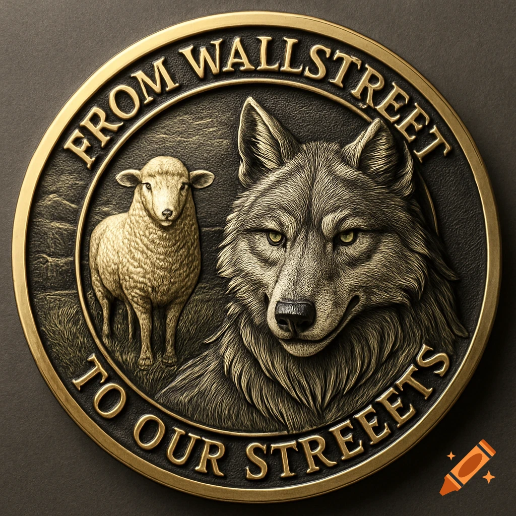 A bronze challenge coin with a wolf and a sheep, featuring the text "FROM WALLSTREET TO OUR STREETS" in raised letters.