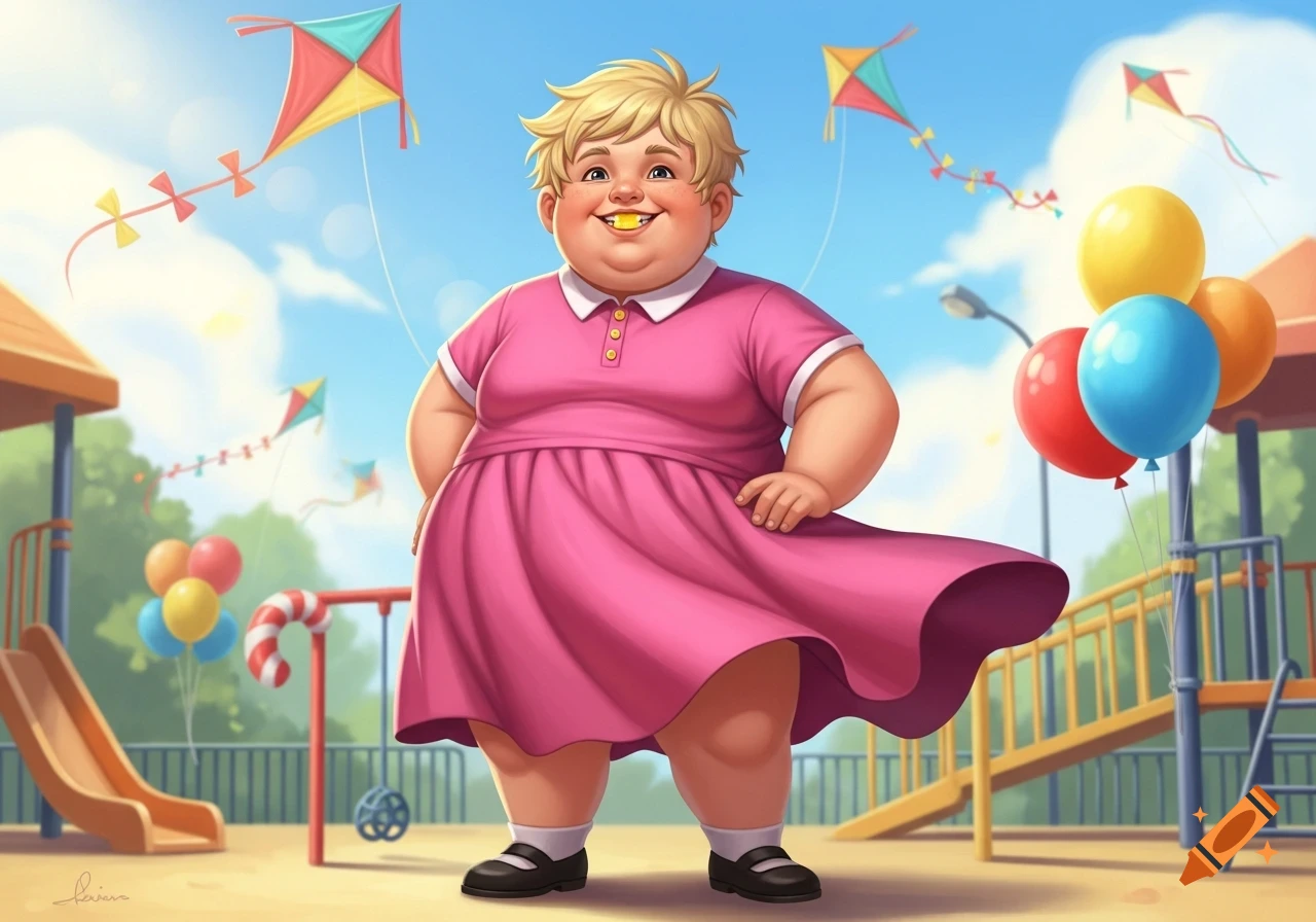 A chubby child with yellow teeth in a pink dress smiles in a sunny playground with kites and balloons.