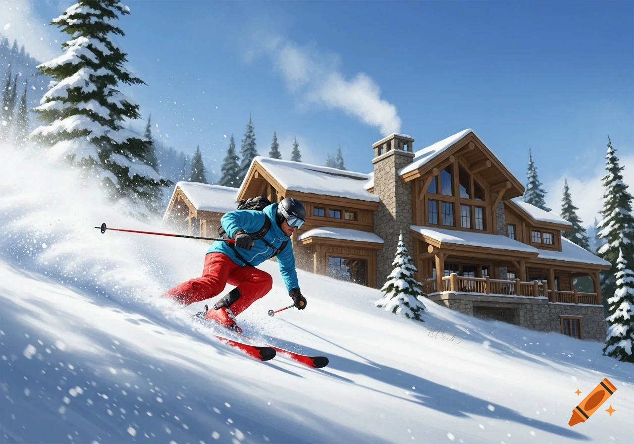 A person in a blue jacket and red pants skis down a snowy mountain slope past a large wooden cabin under a clear blue sky.