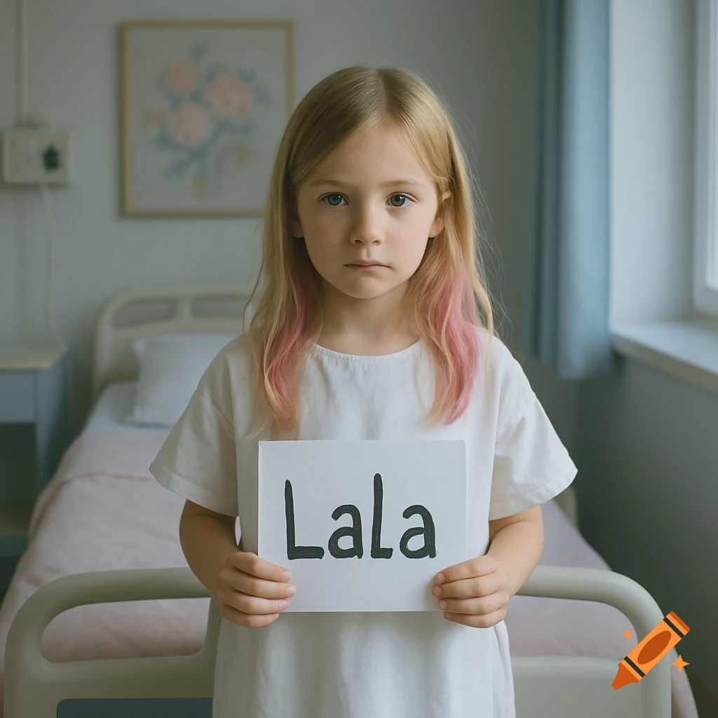 A young girl with blonde hair and pink highlights in a hospital gown holds a sign reading 'Lala' in a hospital room.