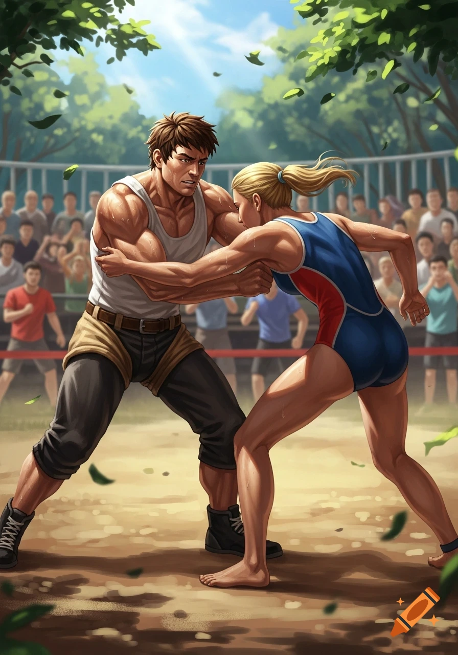 A muscular man and a blonde woman wrestle on a dirt mat in an outdoor arena, surrounded by a blurred crowd and green trees under a bright sky.