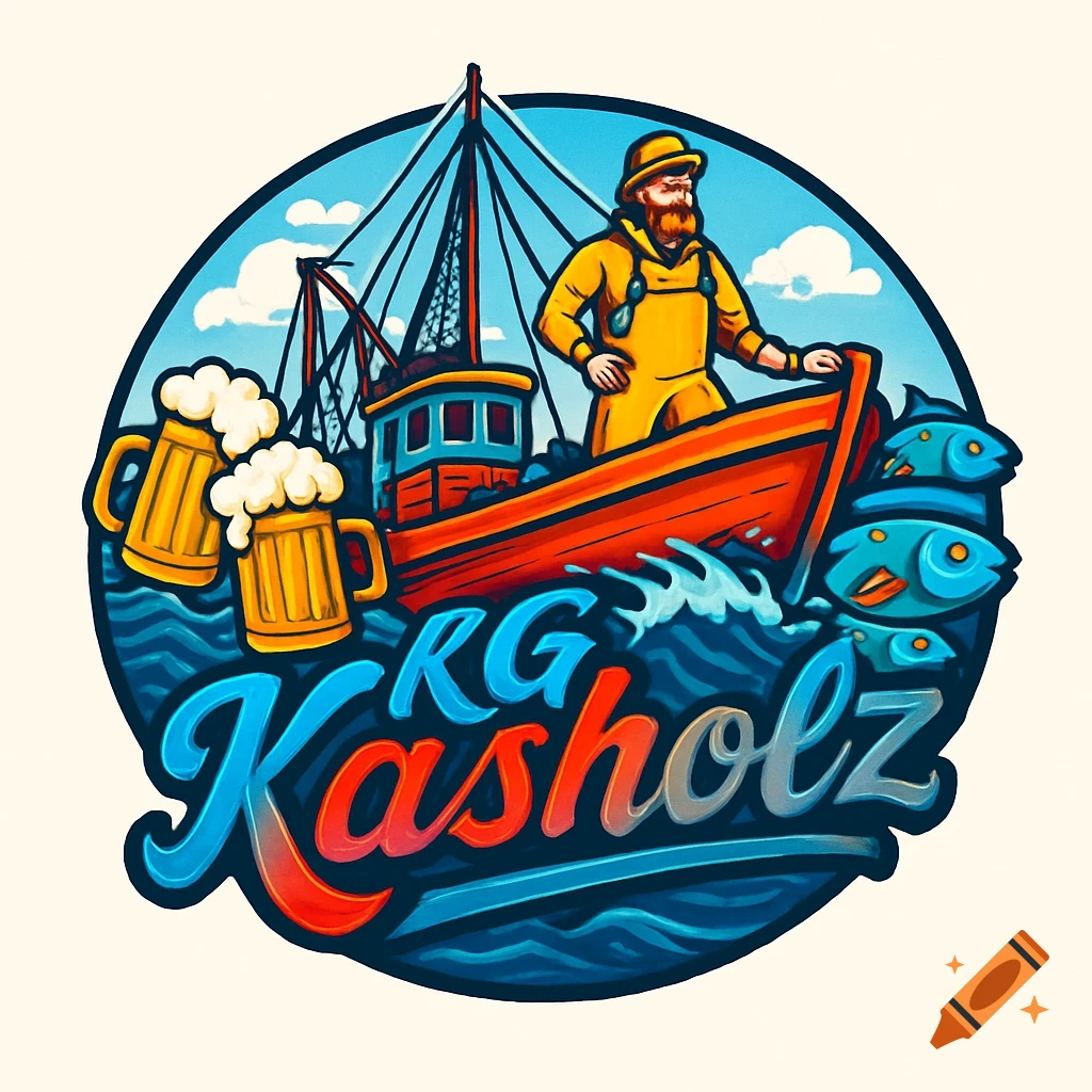 A round, colorful logo depicting a bearded fisherman in yellow gear on a fishing boat, surrounded by two steins of beer, fish, and ocean waves, with "KG Kasholz" text in blue, red, and gray.