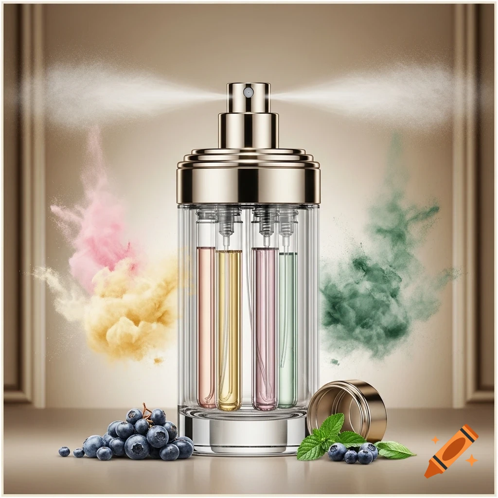 Photorealistic image of a gold and clear cylindrical perfume bottle spraying mist, containing four colorful tubes, with blueberries, mint, and colorful powder clouds.