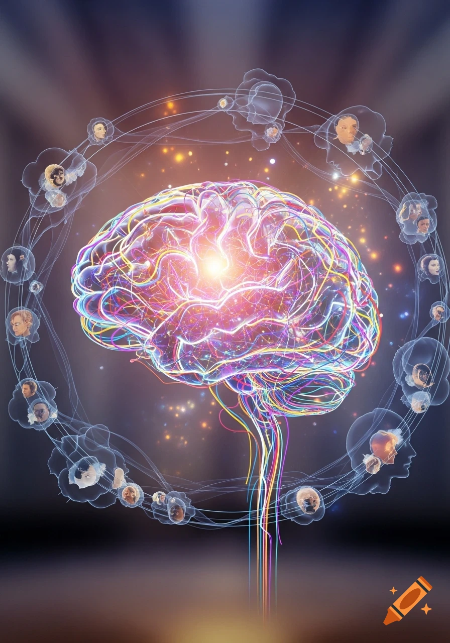 Vibrant, glowing, multicolored abstract brain with neural connections, surrounded by stylized human faces in translucent bubbles.