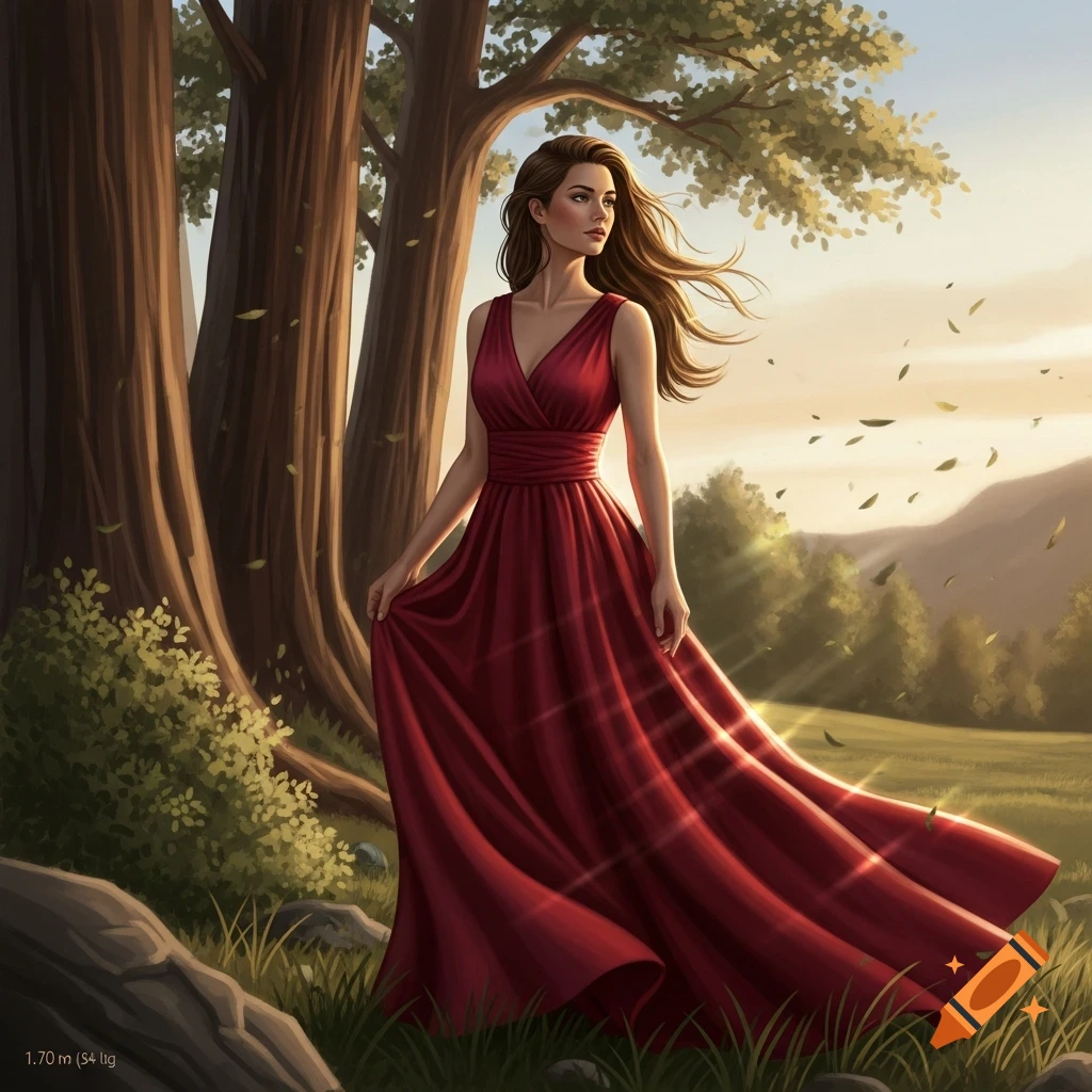A digital painting of a woman in a long, flowing red dress standing in ...