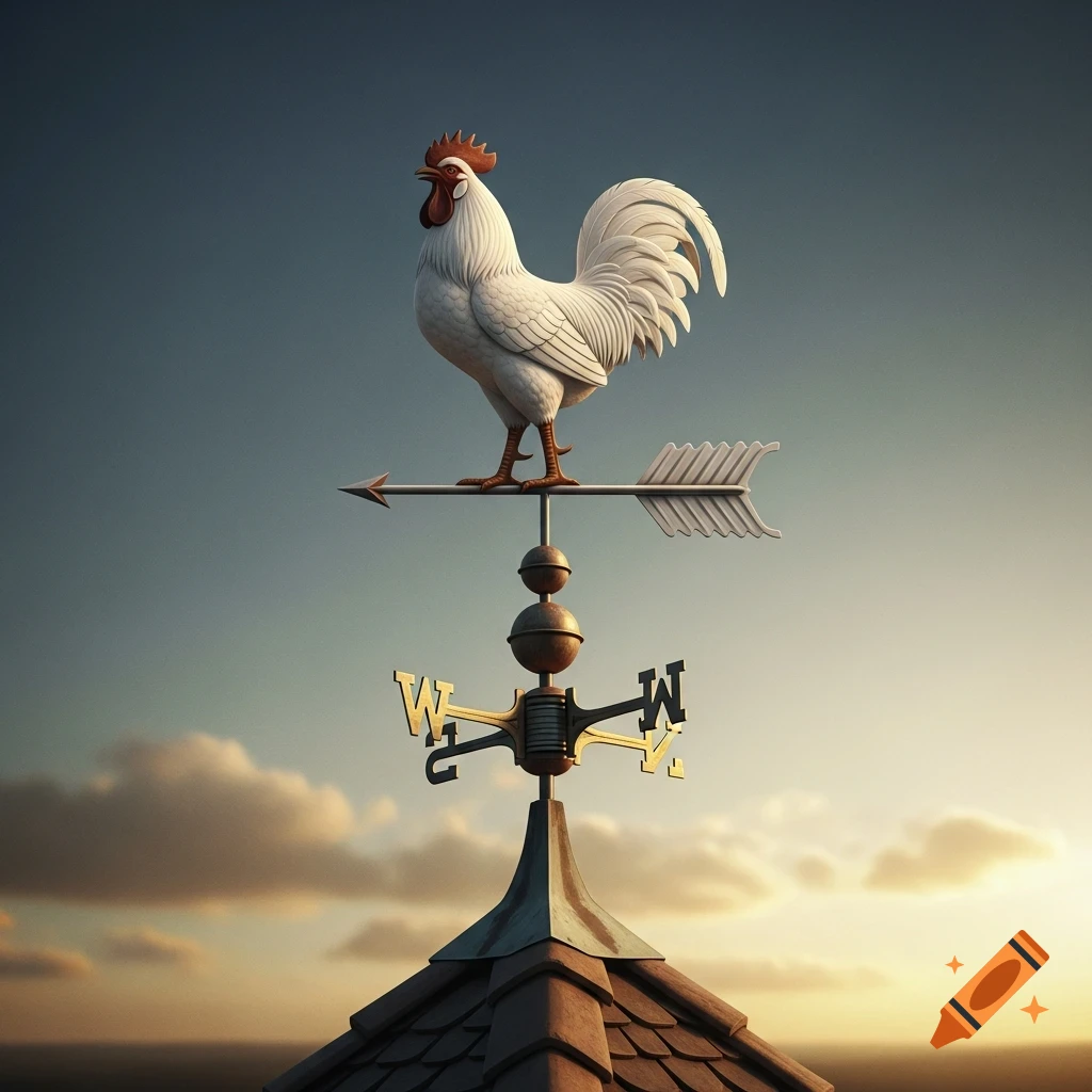 Photorealistic white rooster weathervane on a roof against a blue and golden sky with clouds.