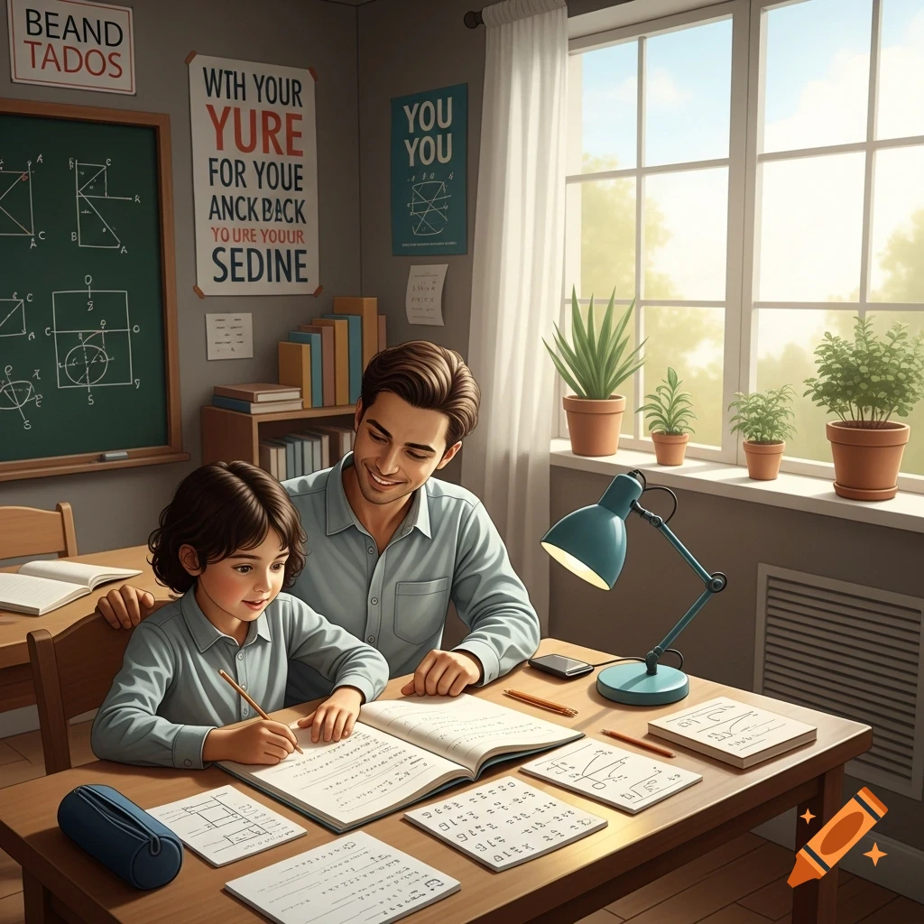 A man helps a child with her homework at a desk in a brightly lit room with a chalkboard and plants.