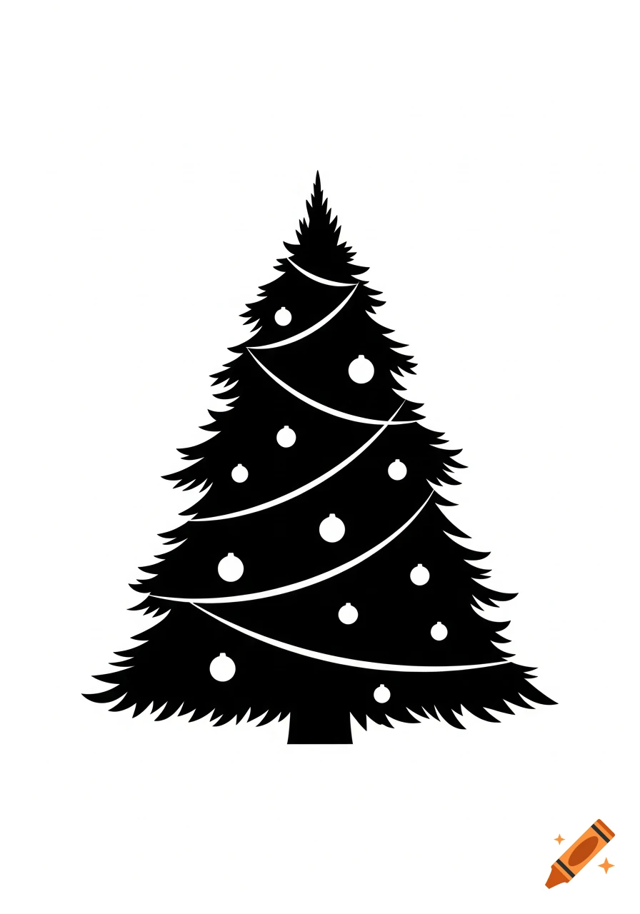 Black silhouette of a minimalist Christmas tree decorated with ornaments on a white background.