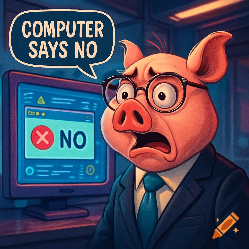 Cartoon pig in a suit looks shocked at a computer displaying 'NO', with a speech bubble saying 'COMPUTER SAYS NO'.
