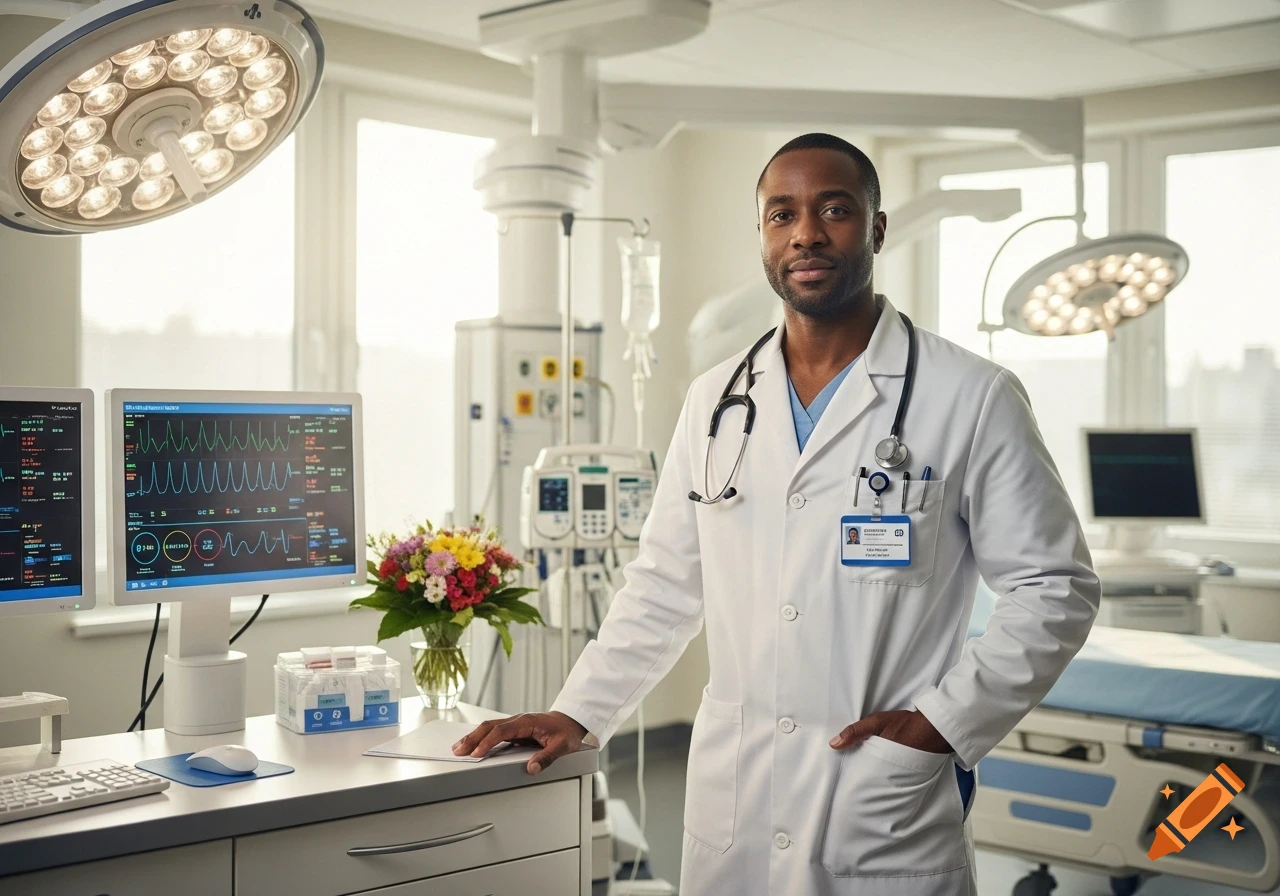 A Black male doctor in a white lab coat and stethoscope stands in a bright medical room with monitors and equipment.