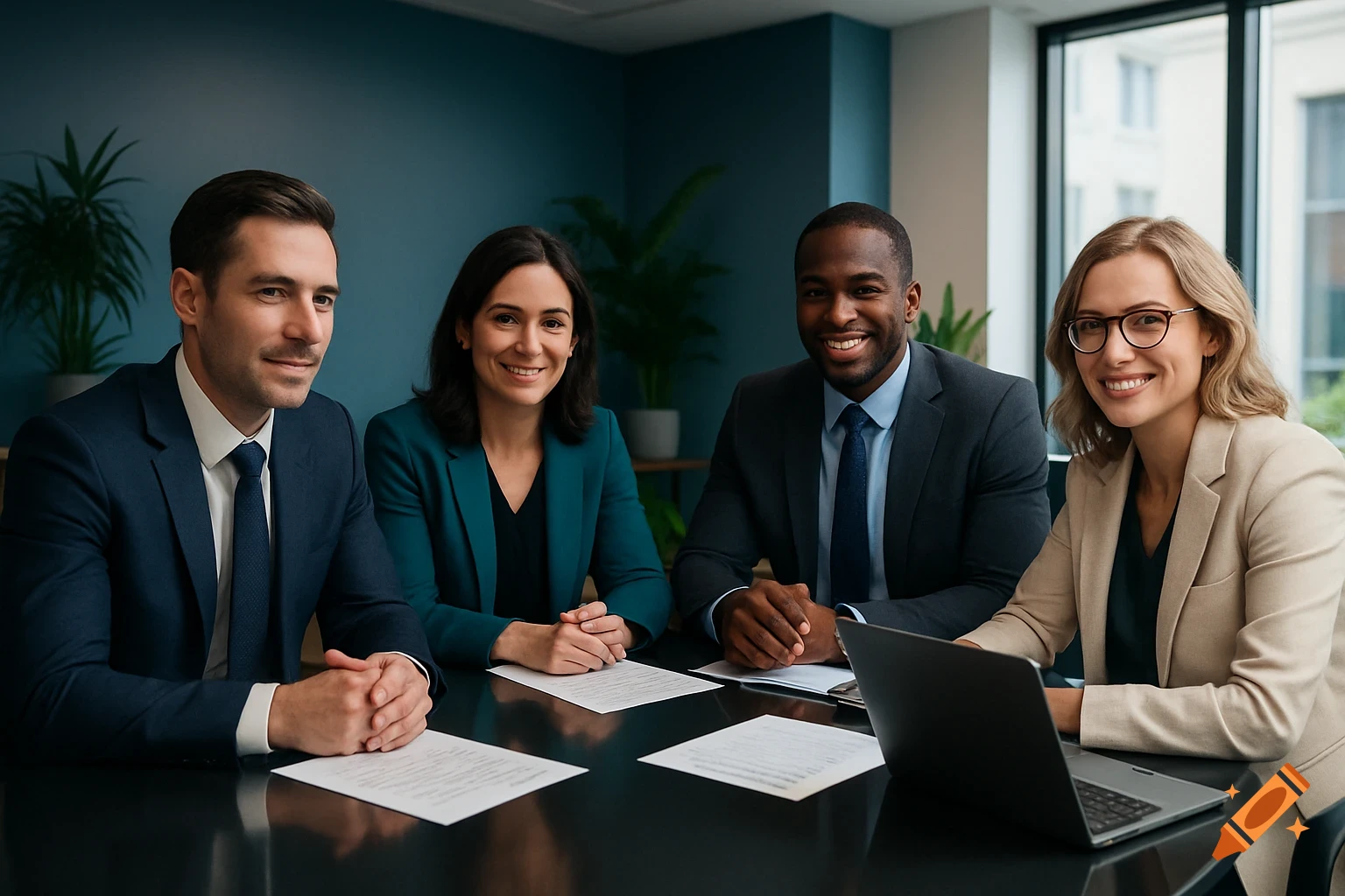 Four diverse business professionals, two men and two women, smiling at a conference table with documents and a laptop in a modern office, photorealistic.