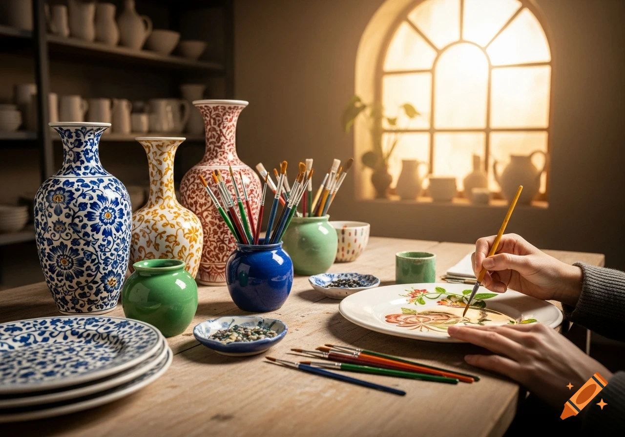 Person painting a ceramic plate with intricate designs in a pottery studio, surrounded by vases and painting supplies.
