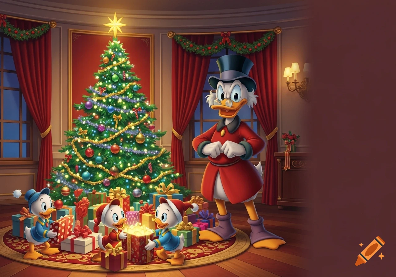 Scrooge McDuck and his nephews open gifts around a large, decorated Christmas tree in a festive mansion, cartoon style.
