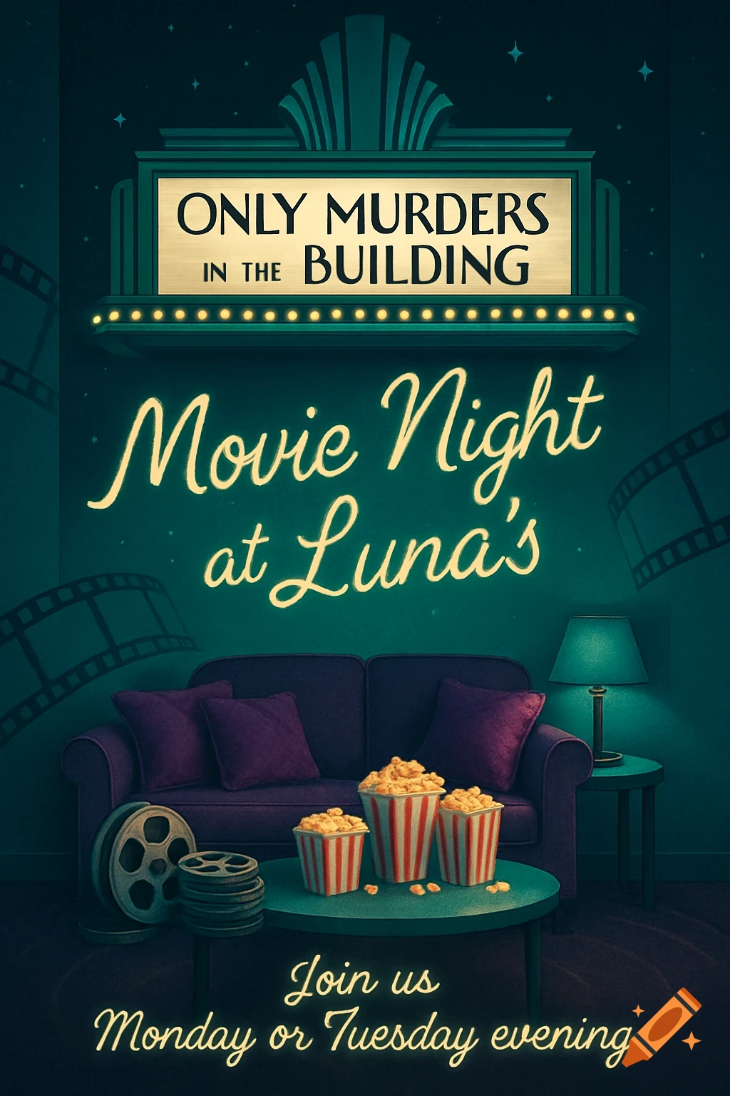 An illustrated movie night invitation for 'Only Murders in the Building' at Luna's, featuring a purple couch, popcorn, and film reels.