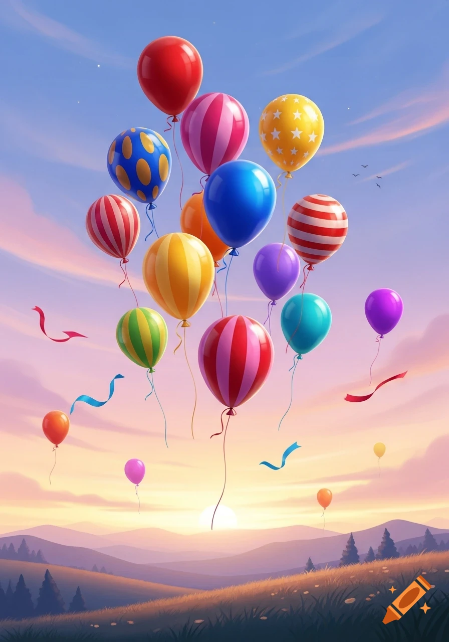 Numerous colorful balloons float upwards over a serene landscape of rolling hills and trees during a vibrant sunset.