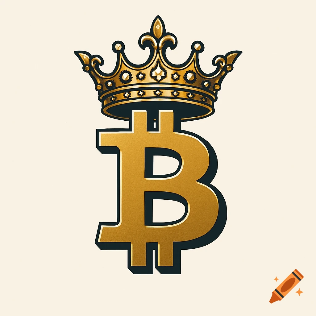 A stylized gold Bitcoin logo with a dark outline, topped by an ornate gold crown, against a light background.