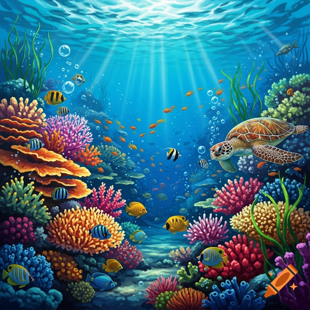 Vibrant underwater coral reef scene with a sea turtle, many colorful fish, and sun rays shining from above.