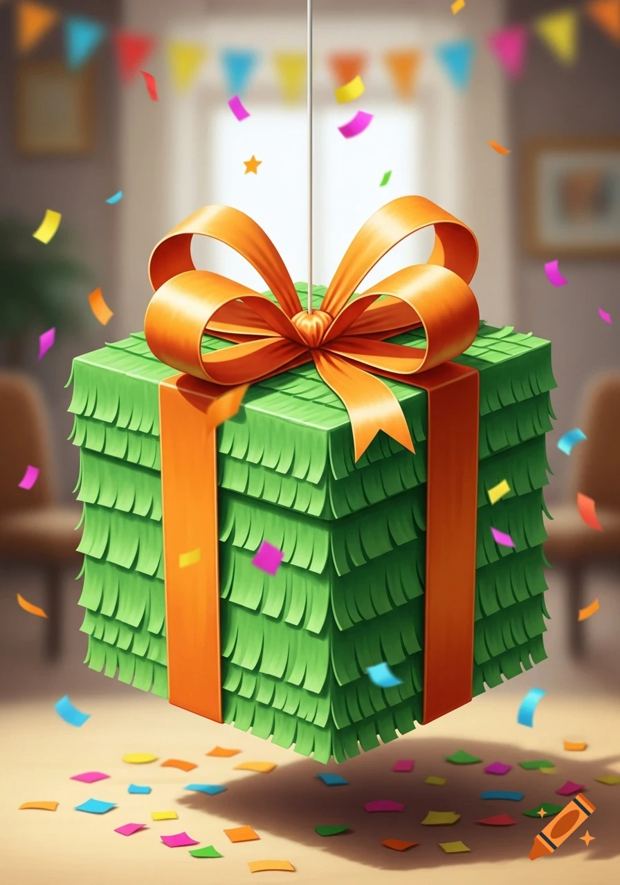 A green pinata shaped like a gift box with an orange bow hangs from the ceiling in a party room with confetti falling and streamers in the background.