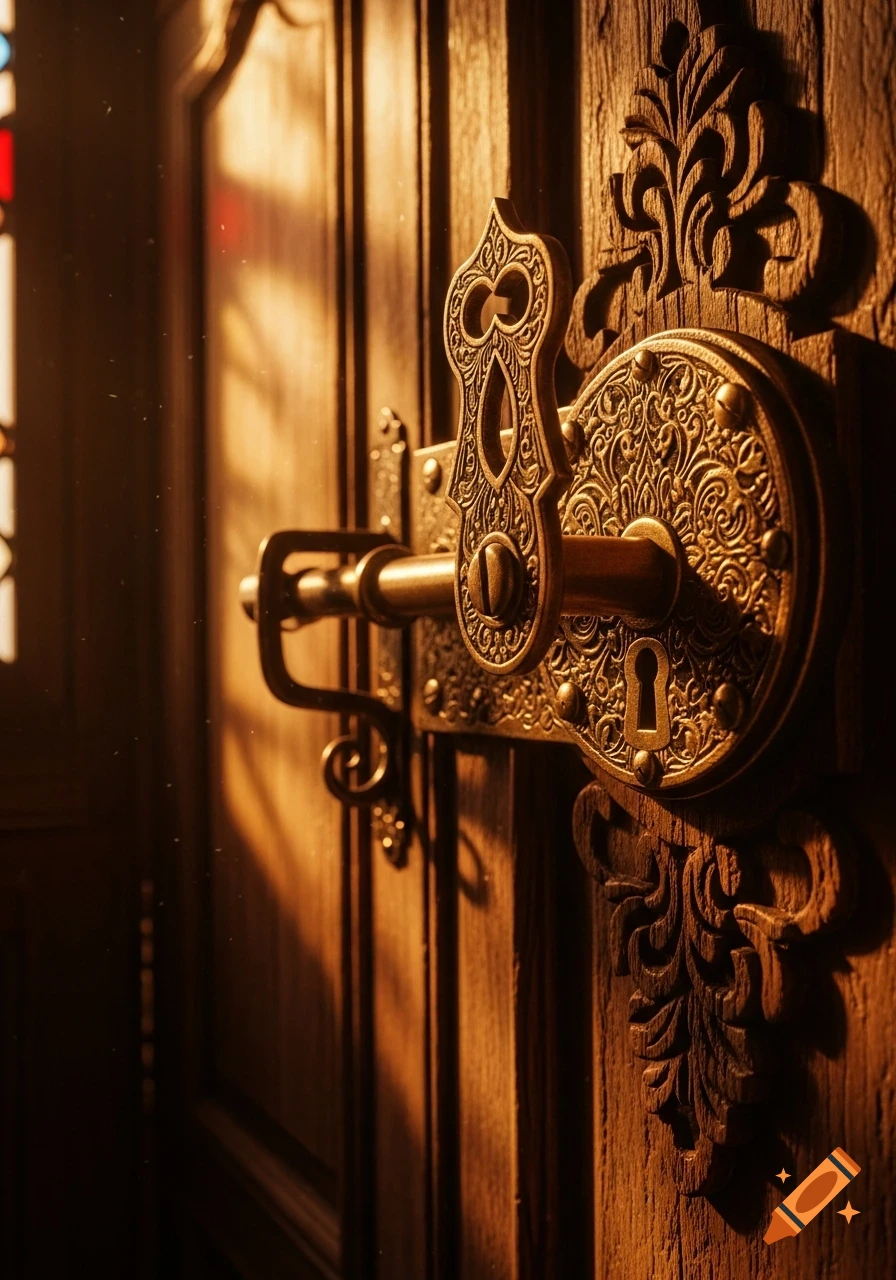 Close-up of an intricately carved antique brass door lock and handle on a wooden door with warm lighting.