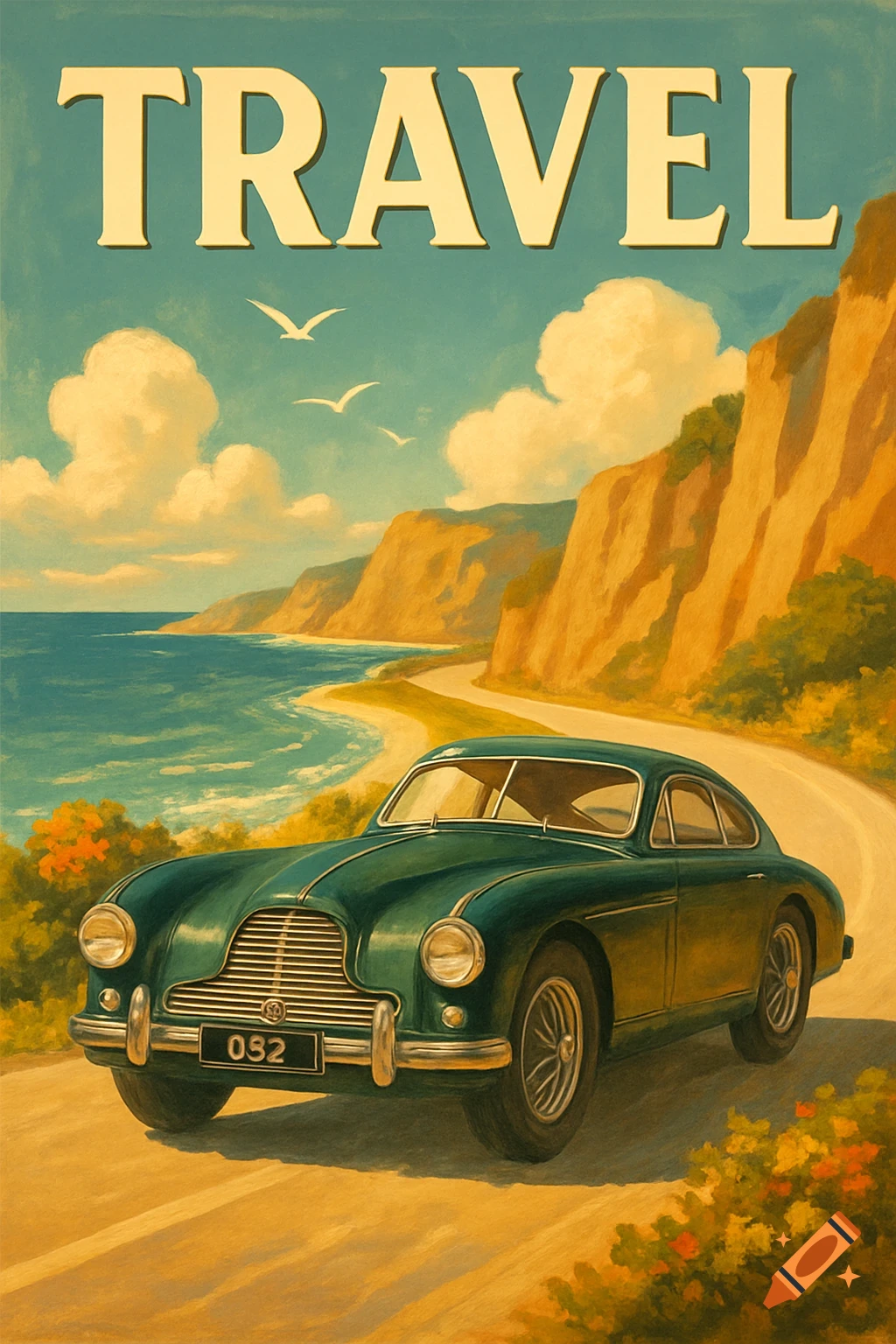 A vintage travel poster shows a dark green classic car on a winding coastal road by the sea and cliffs, with 'TRAVEL' at the top.