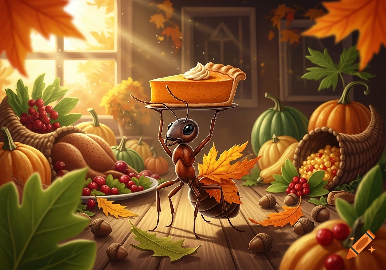 A cheerful cartoon ant carries a slice of pumpkin pie on a tray, surrounded by festive Thanksgiving decorations, pumpkins, and a roasted turkey.