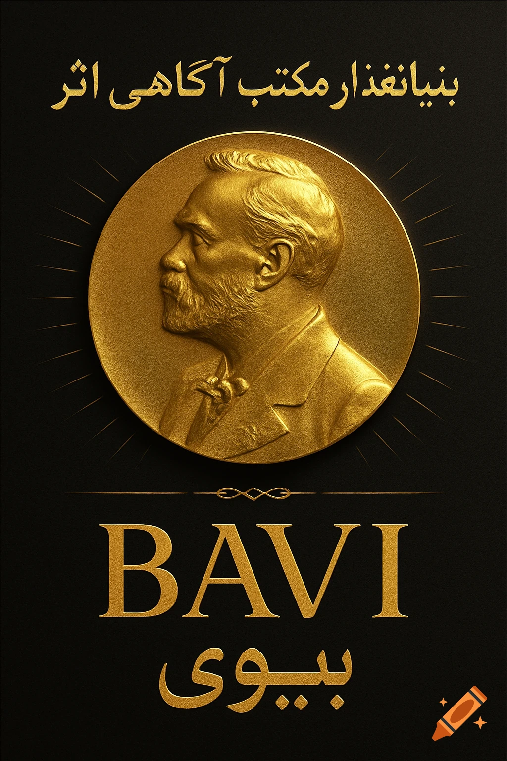 Vertical poster with a golden Nobel medal-like relief of a man's profile on a black background, with gold text.