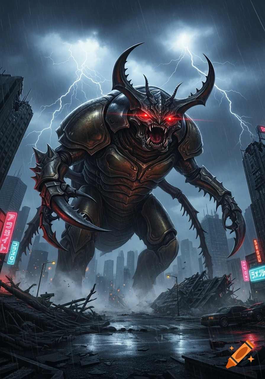 A giant, monstrous beetle-like kaiju with glowing red eyes stands amidst a destroyed city during a lightning storm.