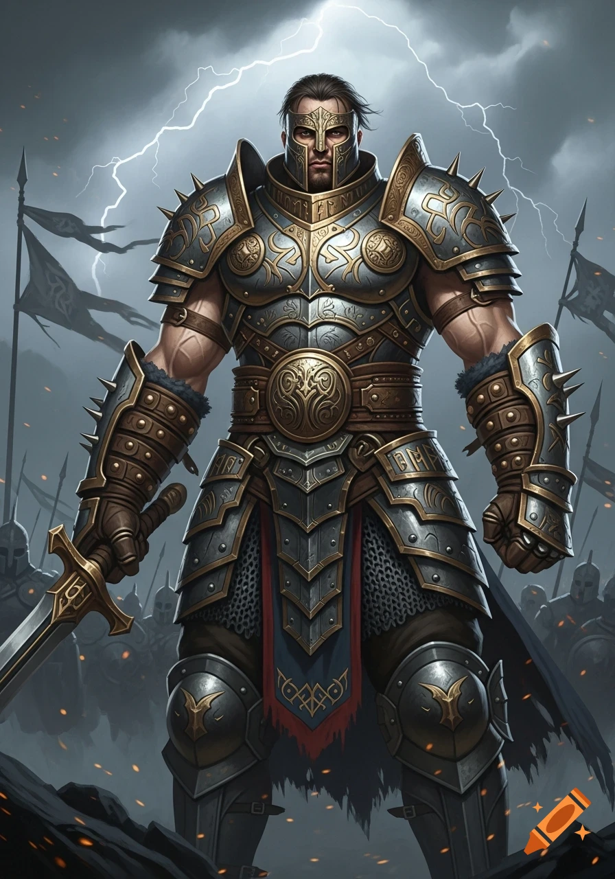 A muscular male warrior in ornate plate armor and studded gauntlets holds a sword, standing before an army under a stormy, lightning-filled sky.