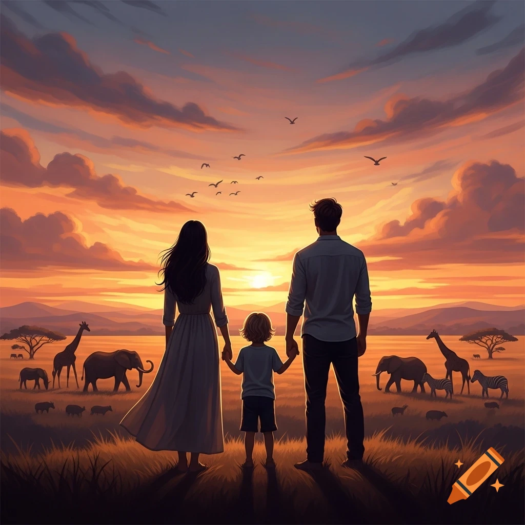 Family of three from behind, holding hands, watching a vibrant sunset over a safari landscape with elephants, giraffes, and zebras.
