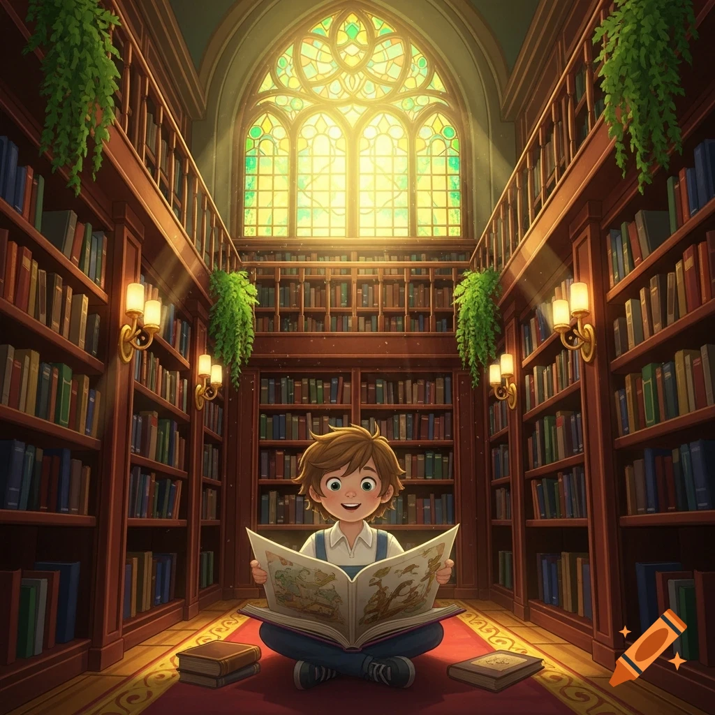 A smiling cartoon boy sits cross-legged on a red rug, engrossed in a large storybook in a grand library with tall bookshelves and a stained-glass window.