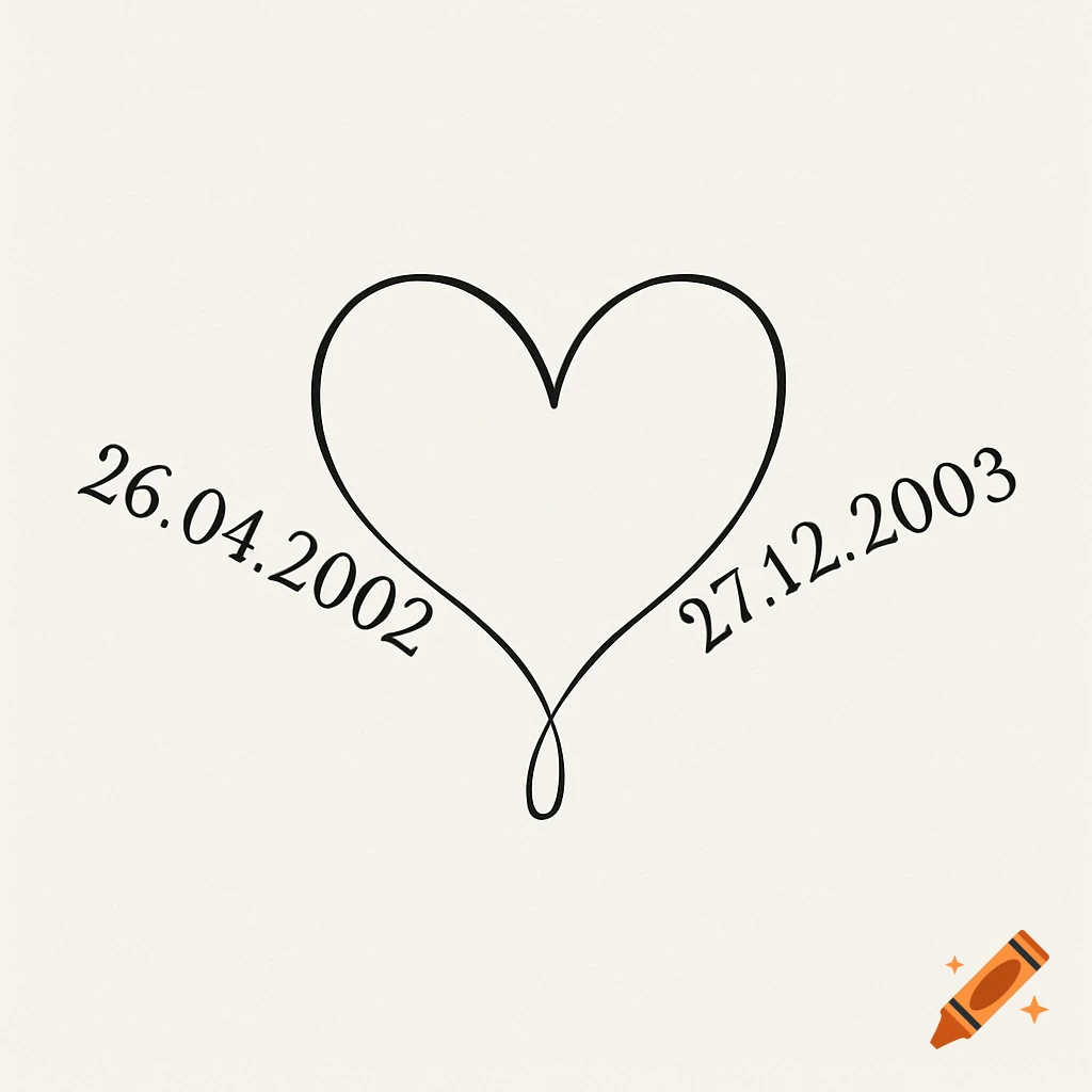 A minimalist outline heart formed by the dates 26.04.2002 and 27.12.2003 on a light background.