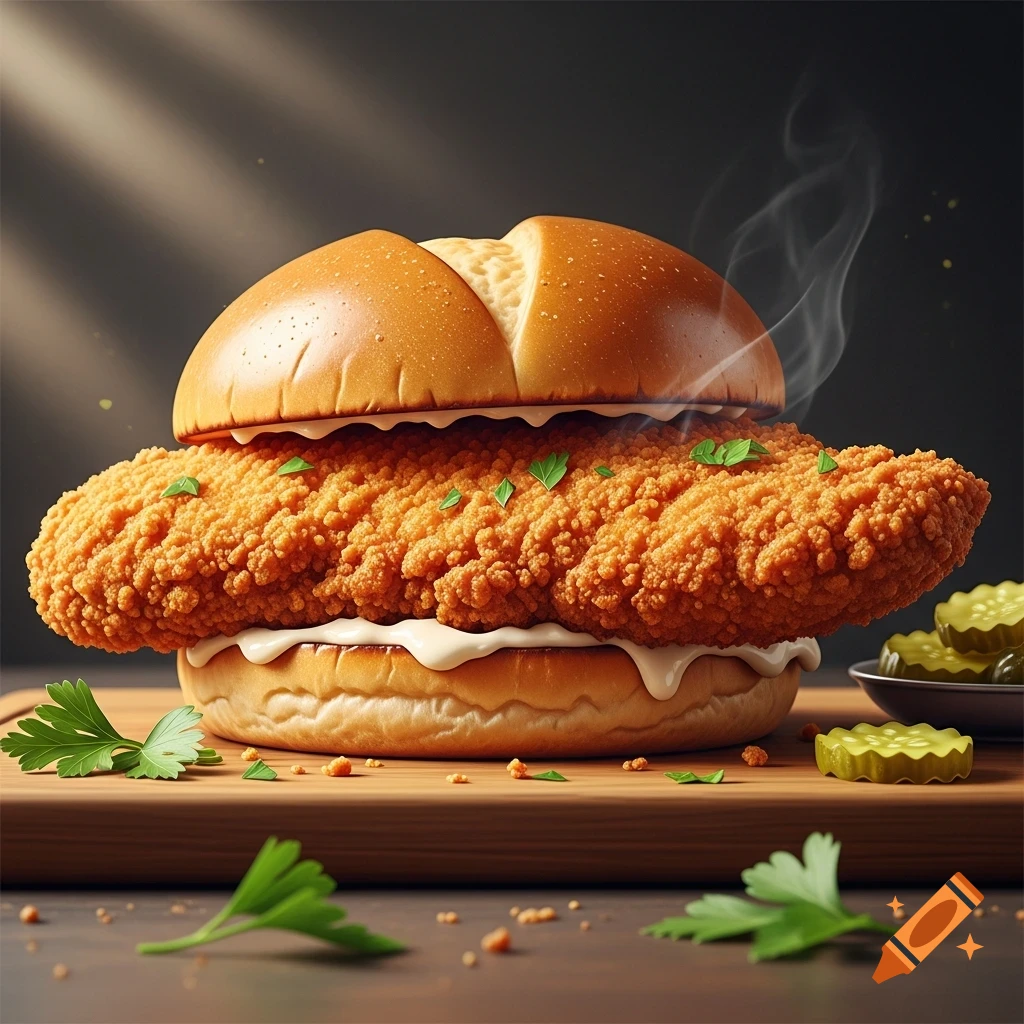 A steaming hot, large crispy breaded chicken sandwich on a bun with mayonnaise, garnished with parsley, served with pickles on a wooden board.