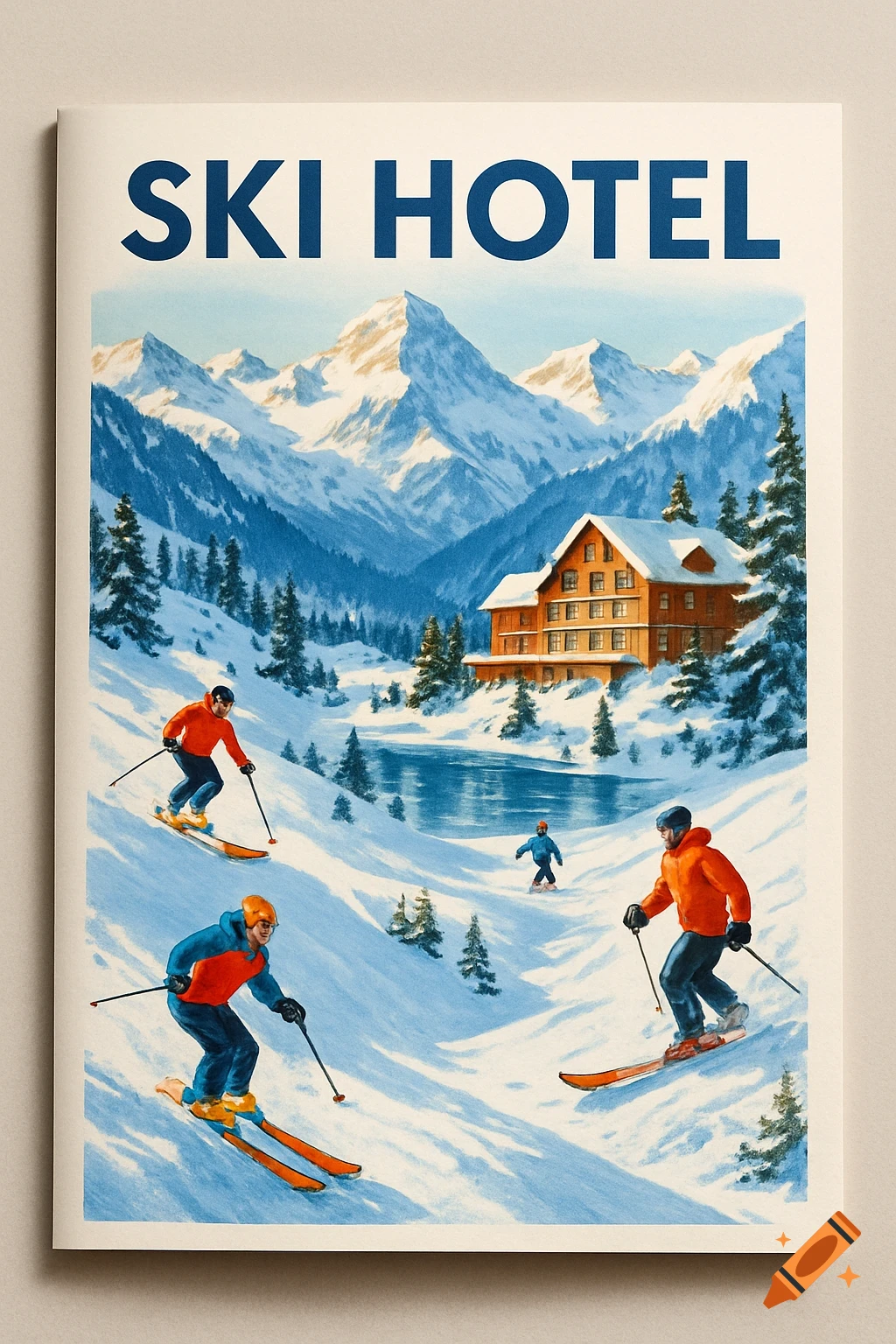 Vintage poster of a ski hotel in snowy mountains with skiers on slopes, a lake, and a large hotel building.