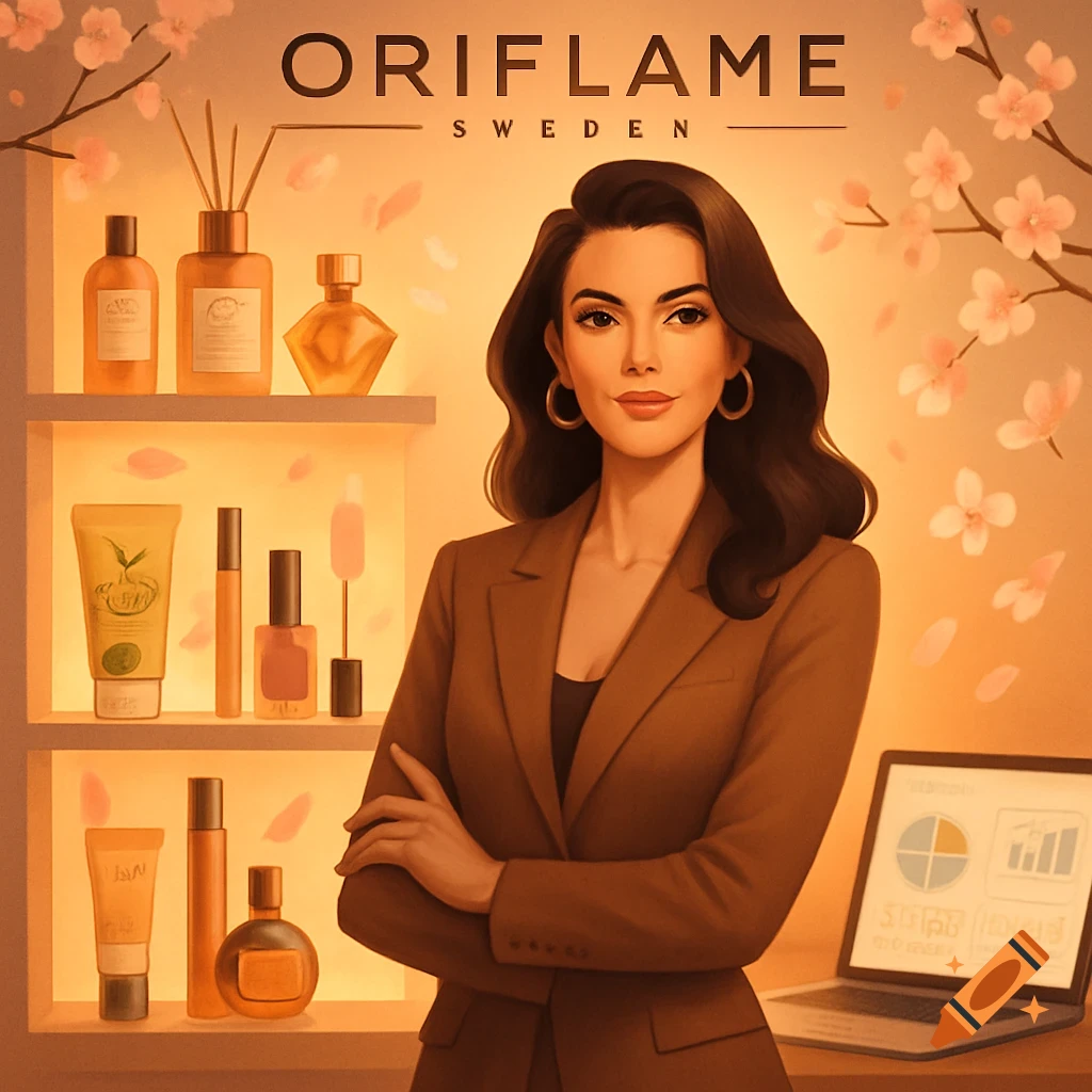 An illustrated woman in a brown suit stands in front of shelves of cosmetic products under the "ORIFLAME SWEDEN" logo, with cherry blossoms.