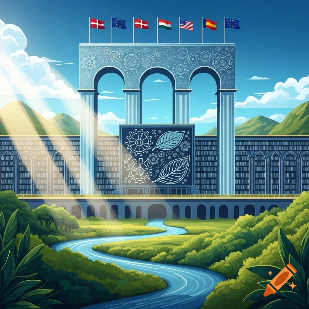 A grand architectural building with arches and flags overlooking a winding river through a green, hilly landscape in a stylized illustration.