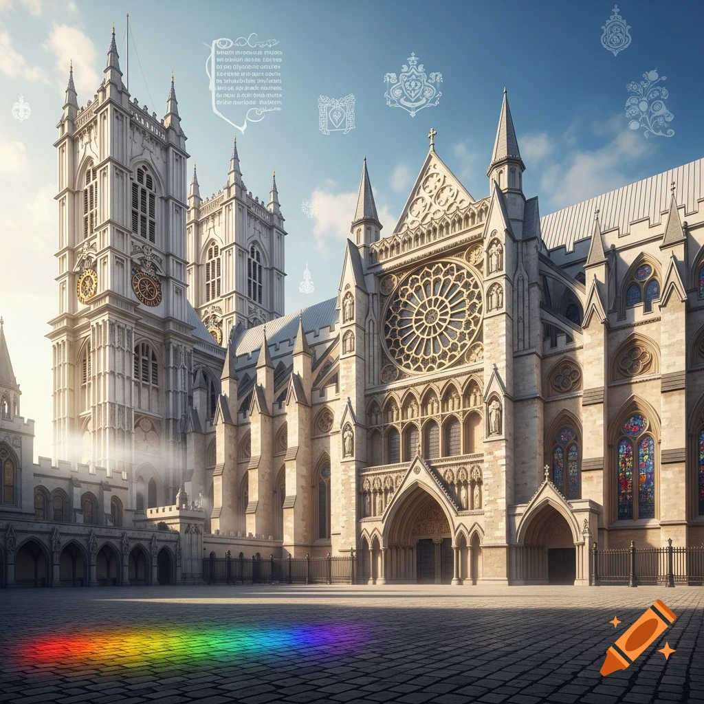 Detailed view of Westminster Abbey with gothic architecture and stained glass windows under a blue sky, a rainbow reflects on the stone ground.