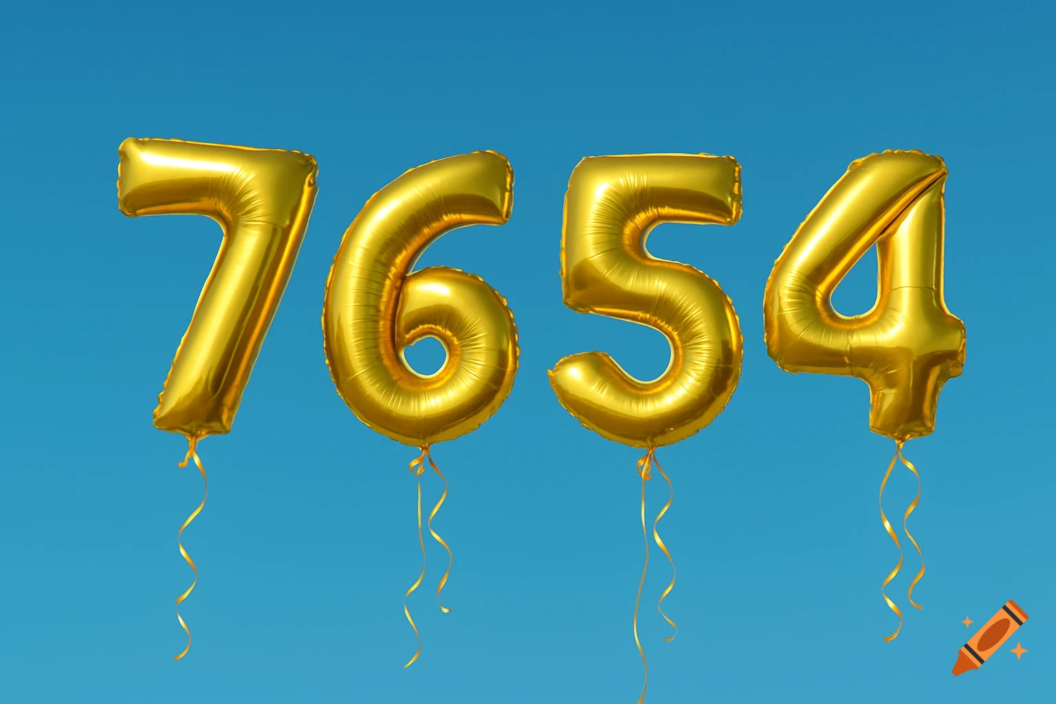 Four golden balloons shaped like the numbers 7, 6, 5, and 4 float against a clear blue sky.